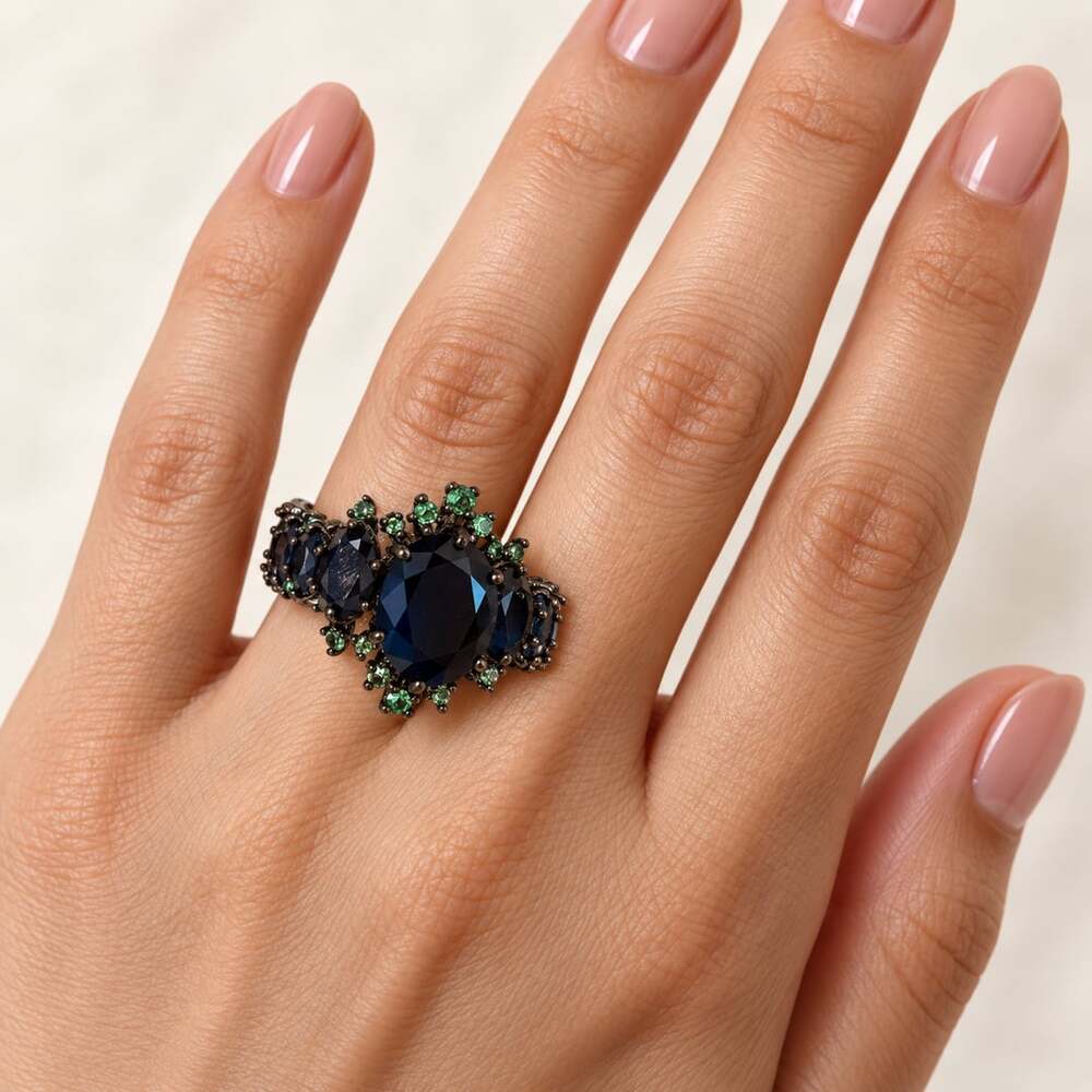 Gothic Black Gold Cocktail Ring Size 7 Blue and Green Gemstones